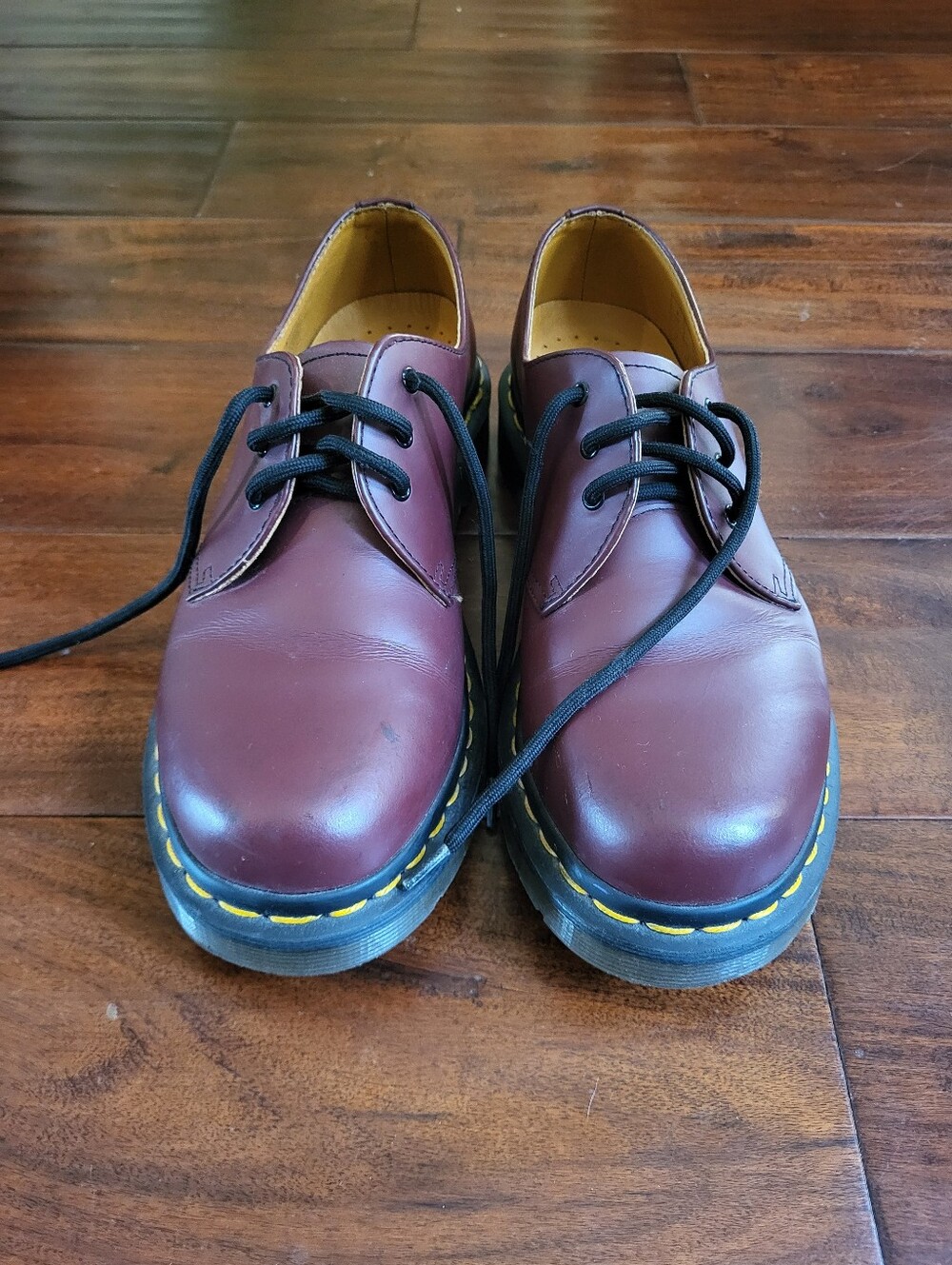 Dr. Martens Burgundy Leather 3-Eye Derby with Yellow Stitching